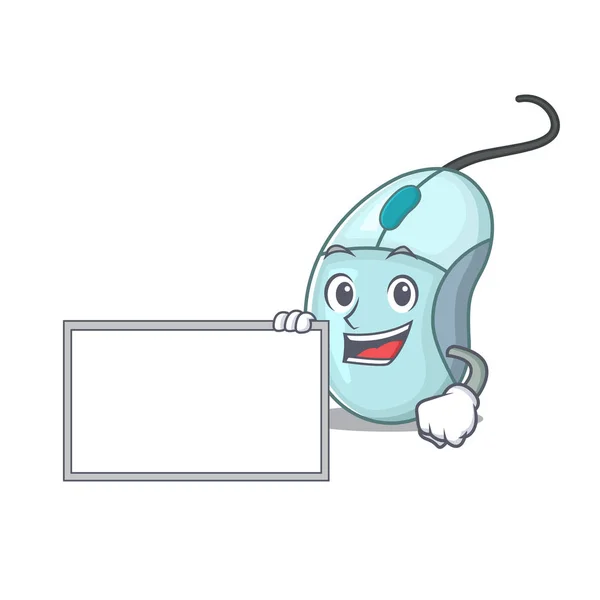 Engraçado computador mouse desenho animado estilo de design de personagem com placa — Vetor de Stock