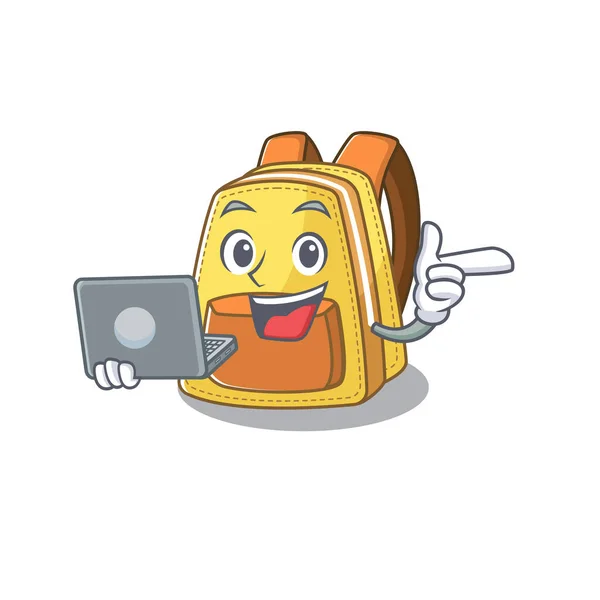 Personagem inteligente de mochila escolar para crianças trabalhando com laptop — Vetor de Stock