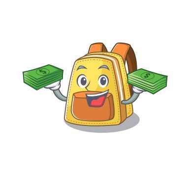 happy rich kids school backpack character with money on hands
