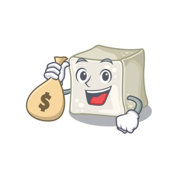 Happy rich sugar cube cartoon character with money bag