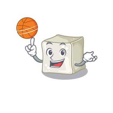 A mascot picture of sugar cube cartoon character playing basketball