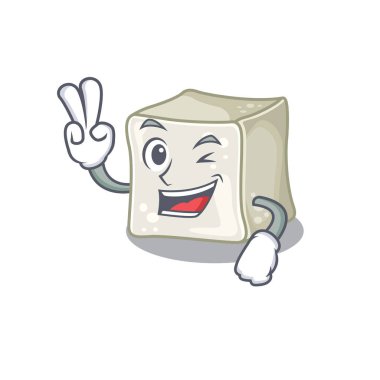Smiley mascot of sugar cube cartoon Character with two fingers