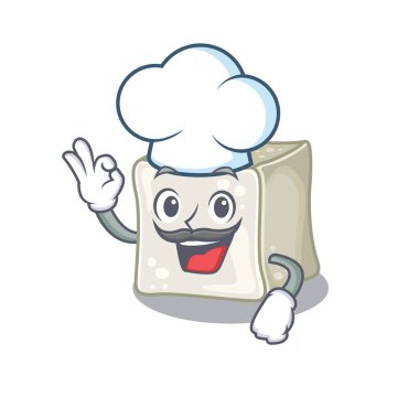 Sugar cube cartoon character wearing costume of chef and white hat