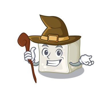 cartoon mascot style of sugar cube dressed as a witch