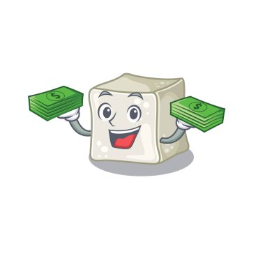 happy rich sugar cube character with money on hands