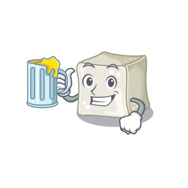 Happy sugar cube mascot design with a big glass