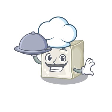cartoon design of sugar cube as a Chef having food on tray