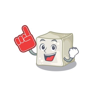 Sugar cube mascot cartoon style holding a Foam finger