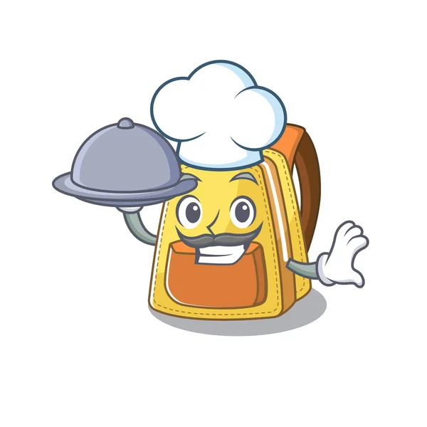 Desenho animado da mochila da escola das crianças como um Chef que tem comida na bandeja — Vetor de Stock