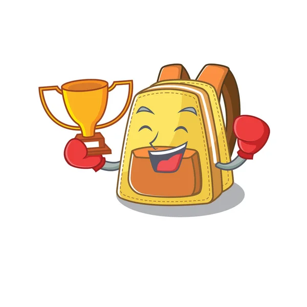 Fantástico vencedor de boxe de crianças mochila escolar em estilo de desenho animado mascote — Vetor de Stock