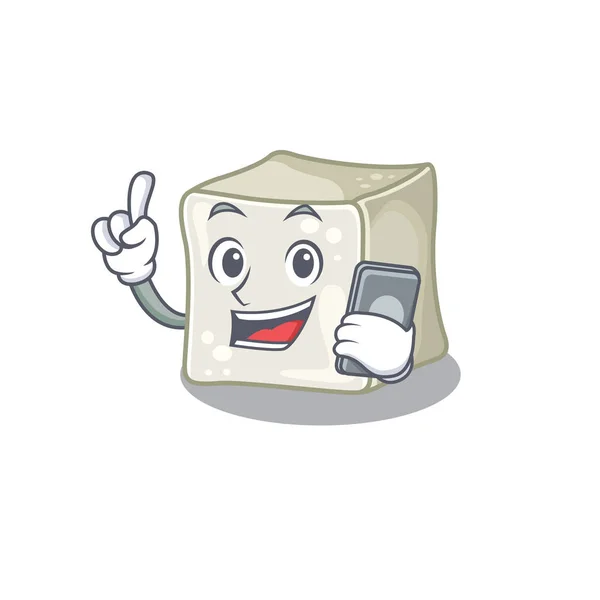 Desenhos animados de cubo de açúcar falando em um telefone —  Vetores de Stock