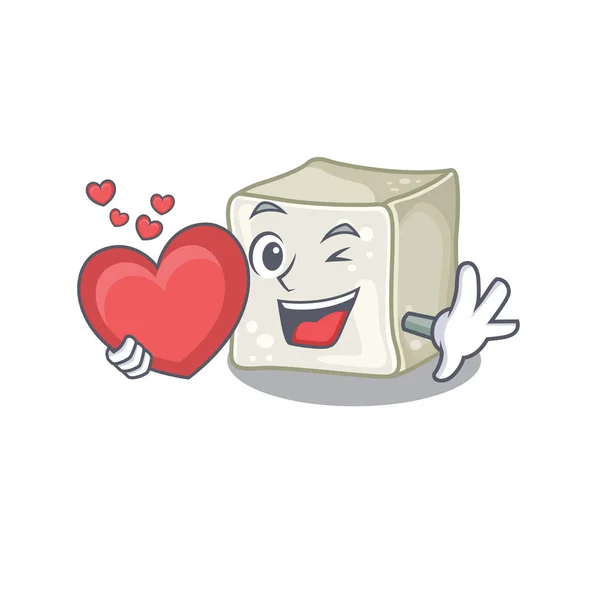 Αστείο πρόσωπο κύβος ζάχαρης χαρακτήρα κινουμένων σχεδίων κρατώντας μια καρδιά — Διανυσματικό Αρχείο