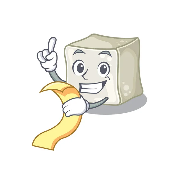 Un divertido personaje de dibujos animados de terrón de azúcar con un menú — Vector de stock