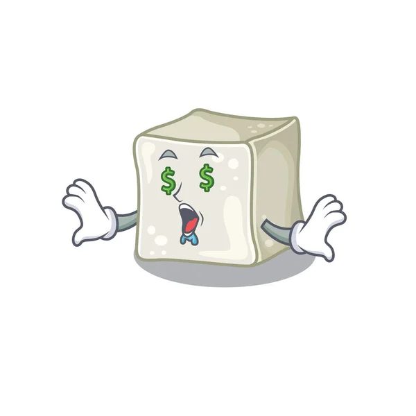 Cubo de azúcar rico feliz con el estilo del personaje de dibujos animados del ojo del dinero — Vector de stock