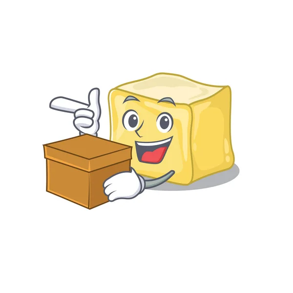 Lindo cremoso personaje de dibujos animados mantequilla que tiene una caja — Vector de stock