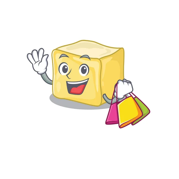 Uma manteiga cremosa rica feliz acenando e segurando saco de compras —  Vetores de Stock