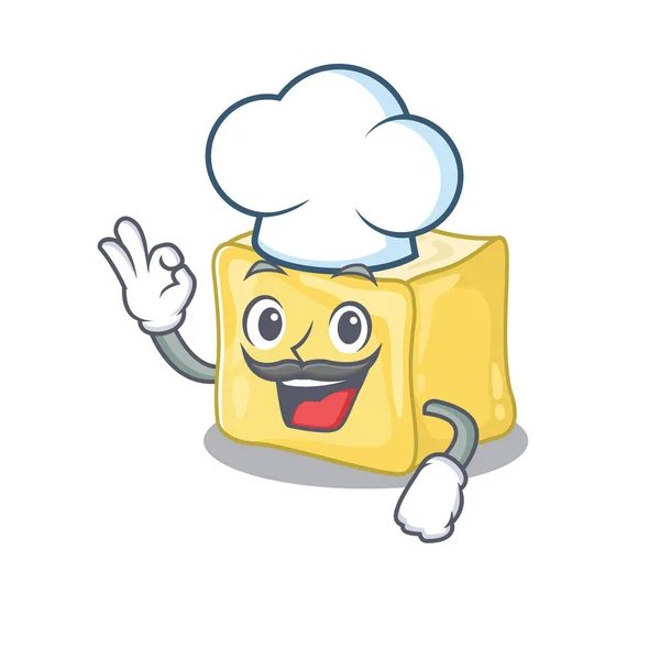 Cremoso personaje de dibujos animados mantequilla con traje de chef y sombrero blanco — Vector de stock
