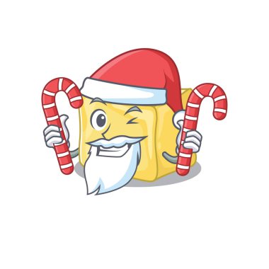 Kremalı çizgi film karakteri Noel Baba kostümlü ve şekerli.