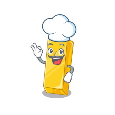 Aşçı kostümü ve beyaz şapka giyen altın çizgi film karakteri.