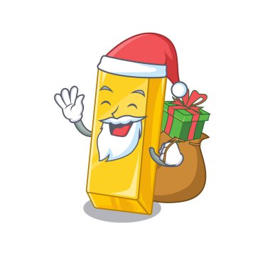 Noel Baba altın çizgi film karakteri tasarımı hediye kutusuna sahip