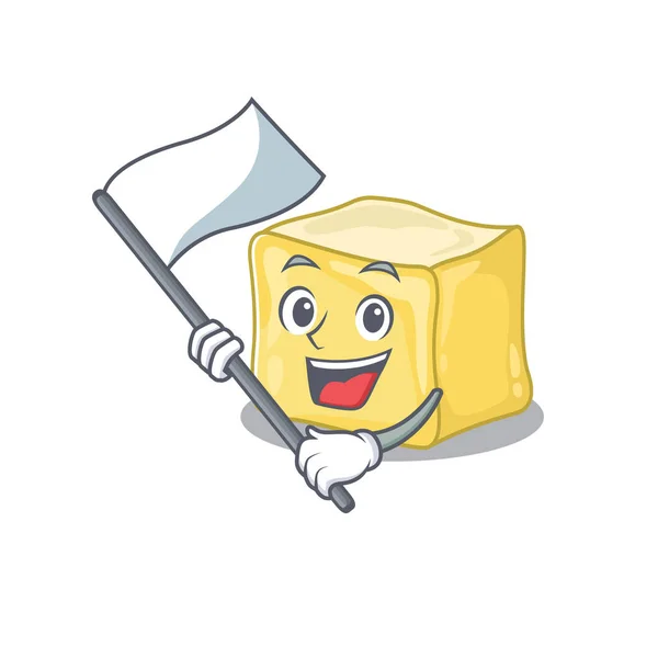 Divertido cremoso estilo de dibujos animados mantequilla sosteniendo una bandera de pie — Vector de stock