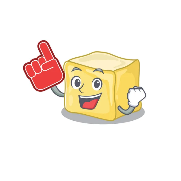 Cremosa mascota de mantequilla estilo de dibujos animados sosteniendo un dedo de espuma — Vector de stock