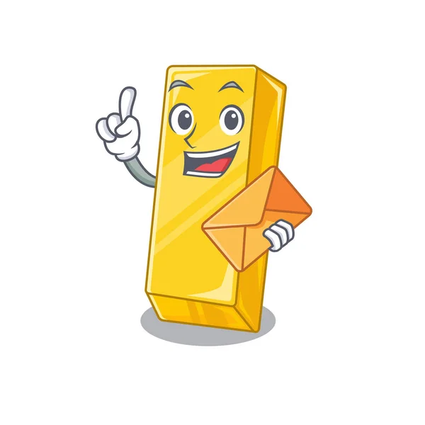 Vrolijk gouden bar mascotte ontwerp met envelop — Stockvector