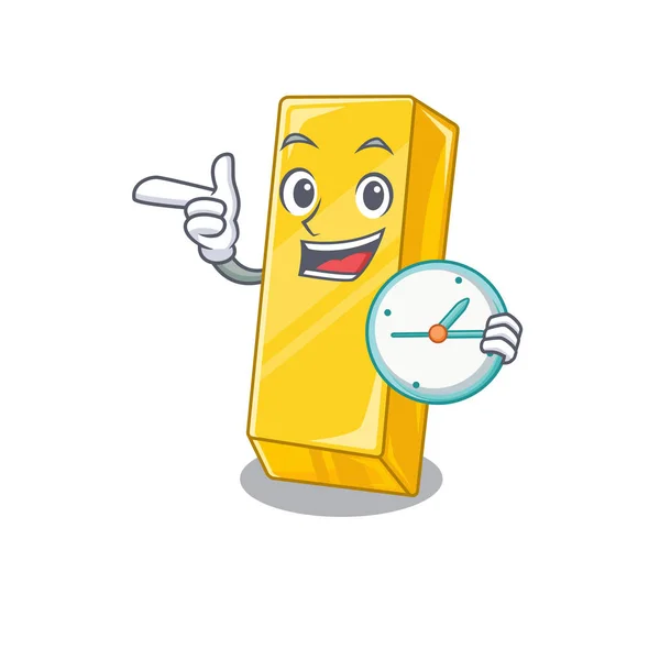 Estilo de personagem dos desenhos animados barra de ouro com relógio —  Vetores de Stock