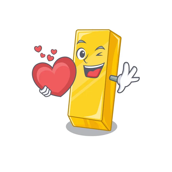 Αστεία πρόσωπο χρυσό μπαρ χαρακτήρα κινουμένων σχεδίων κρατώντας μια καρδιά — Διανυσματικό Αρχείο