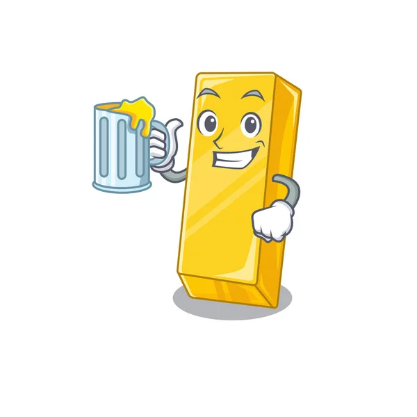 Projeto de mascote barra de ouro feliz com um grande vidro — Vetor de Stock