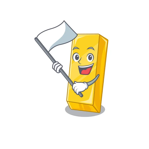 Barra de ouro engraçado desenho animado estilo personagem segurando uma bandeira de pé — Vetor de Stock