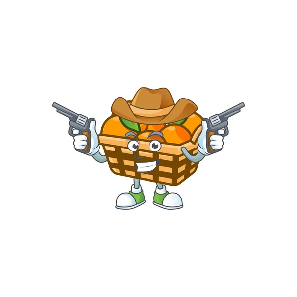 Laranjas de cesta confiante personagem de desenho animado Cowboy segurando armas — Vetor de Stock