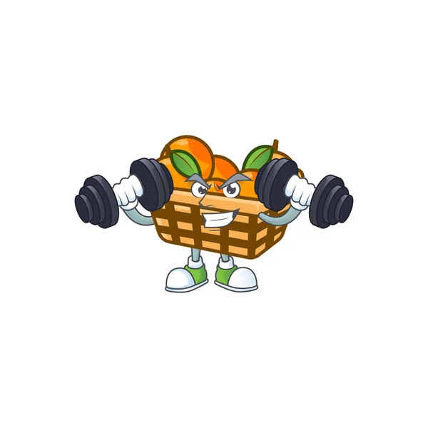 Fitness cvičení koš pomeranče maskot ikona s činkami — Stockový vektor