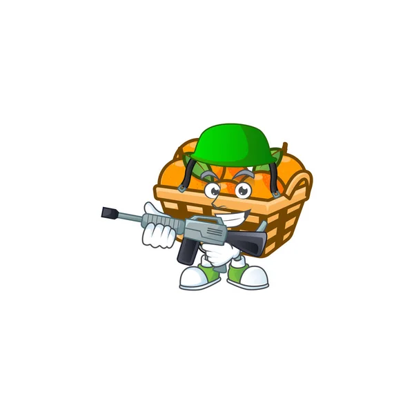 Mandje sinaasappels doos karakter in een leger uniform met machinegeweer — Stockvector