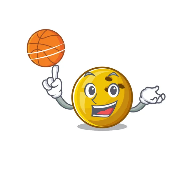 A mascot picture of bowling ball cartoon character playing basketball — Stock Vector