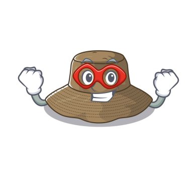 Süper kahraman gibi giyinmiş, kova şapkalı bir maskot.