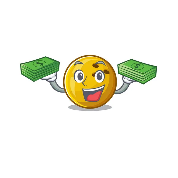 Happy rich bowling ball character with money on hands — 스톡 벡터