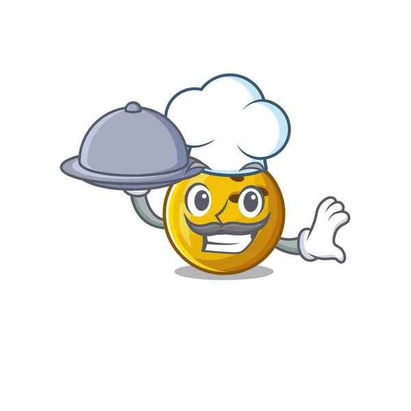 Diseño de dibujos animados de la bola de bolos como un chef que tiene comida en la bandeja — Vector de stock