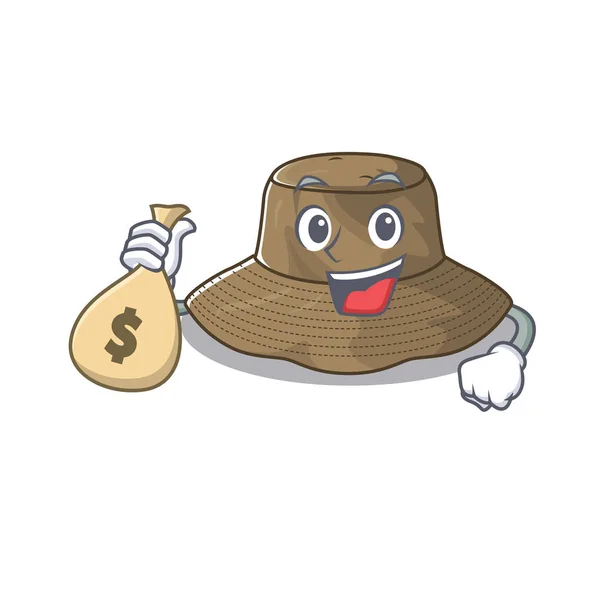 Ευτυχισμένος πλούσιος χαρακτήρας καρτούν καπέλο κουβά με χρήματα τσάντα — Διανυσματικό Αρχείο