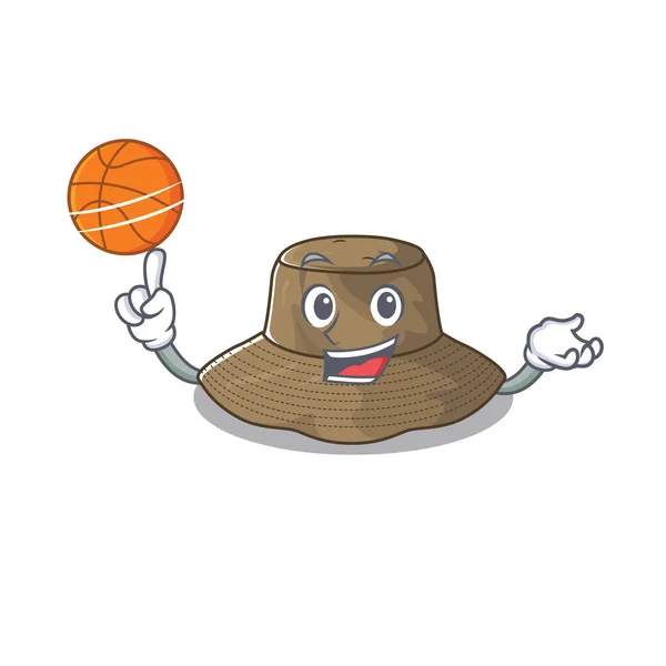 Una imagen de la mascota del personaje de dibujos animados sombrero de cubo jugando baloncesto — Vector de stock