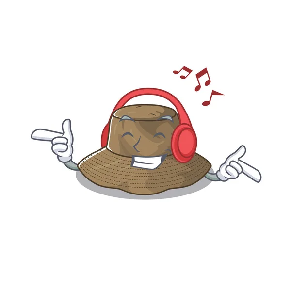 Listening music bucket hat mascot cartoon character design — 스톡 벡터