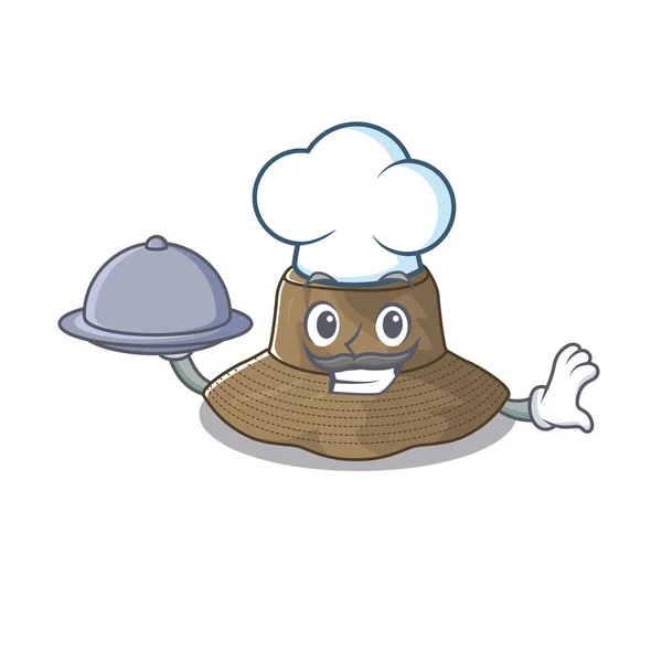Diseño de dibujos animados de sombrero de cubo como un chef que tiene comida en la bandeja — Vector de stock