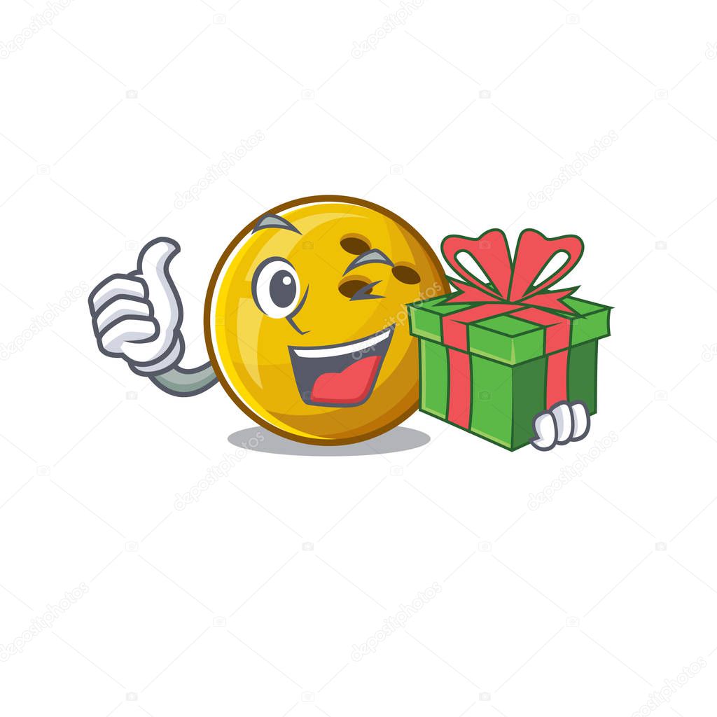 Smiley bowling ball character with gift box