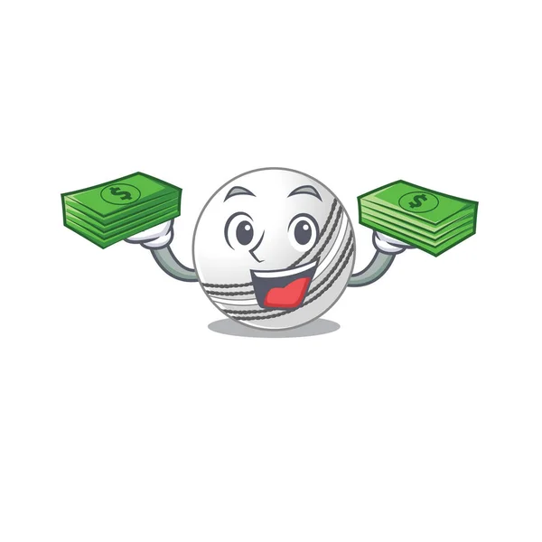 Happy rich cricket ball character with money on hands — 스톡 벡터