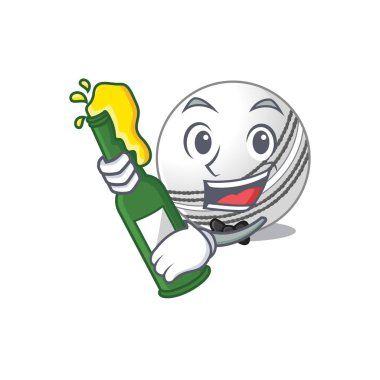 Kriket topunun maskot çizimi ve bira şişesi.