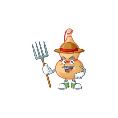 Şirin Çiftçi Çin Şarabı. Şapkalı ve aletli çizgi film maskotu.