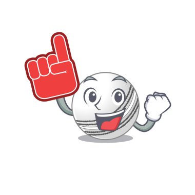 Kriket topu maskotu çizgi film stili köpük parmak tutuyor.