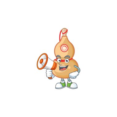 Elinde megafon tutan Çin şarabı şişesinin karikatür karakteri.