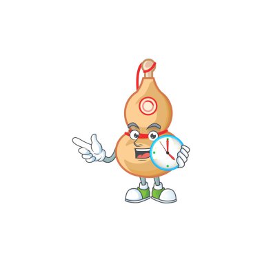 Çizgi film karakteri tarzı Çin şarabı şişesinde saat var.