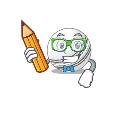 Öğrenci kriket topu karakterinin kalem tutan bir resmi.